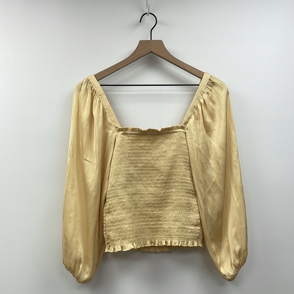 NWOT J. Crew Satin Puff Sleeve Square Neck Smocked Crop Blouse Golden Yellow XS - Picture 4 of 7